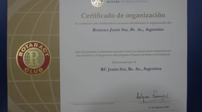 Recepción de la Carta Constitutiva, reconocimiento de Rotary Internacional